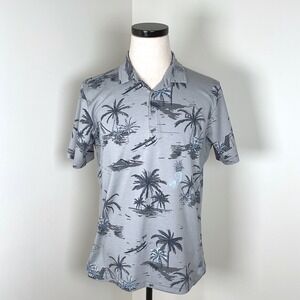Travis Mathew Mens Gray Hawaiian Print Golf Polo‎ Shirt Short Sleeve